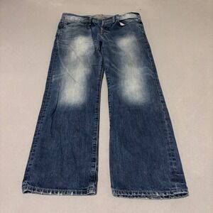 Express Mens Blake Loose Fit Boot Cut 32x30 Jeans Blue Denim Button Fly Faded